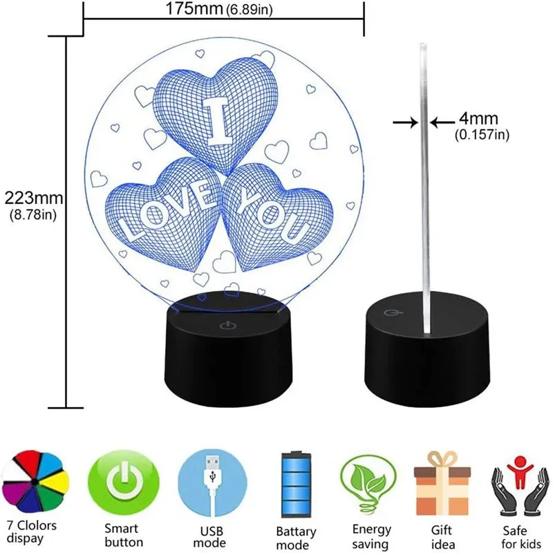 7-16 Color 3D Valentine's Heart Night Light