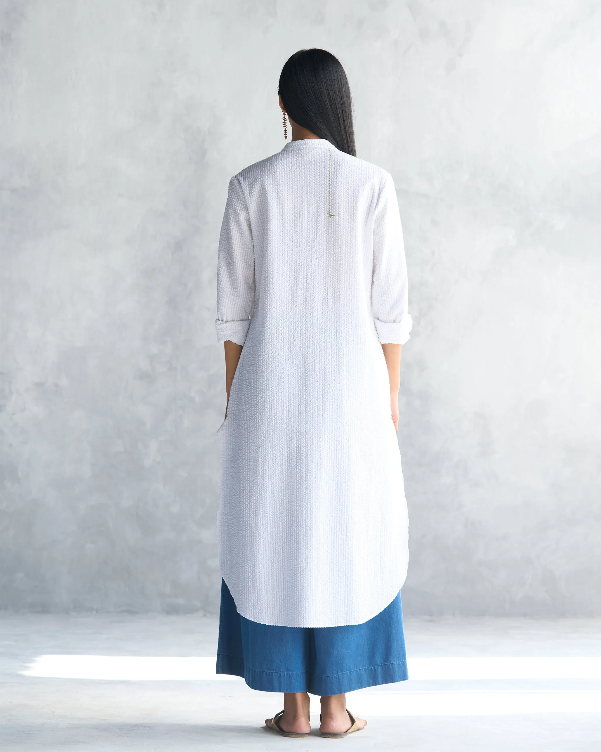 Basic Long Length Kurta - White Seersucker