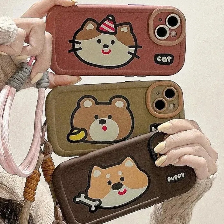 Cartoon Animal iPhone 15 Pro Max/14/13/11/12 Cute Phone Case with Portable Lanyard