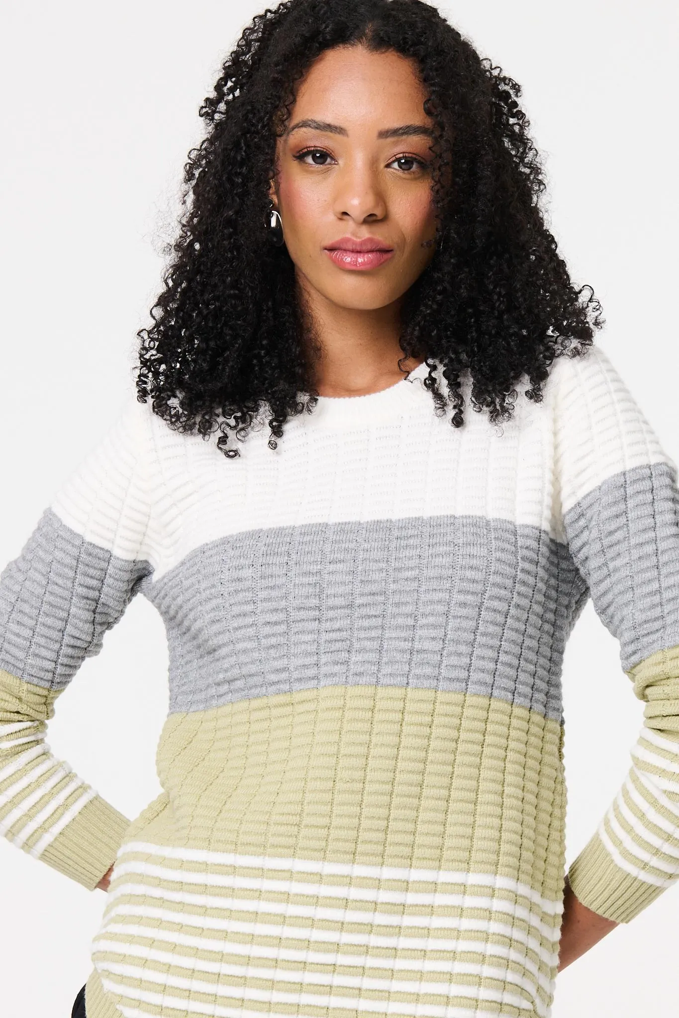 Colour Block Textured Curve Hem Jumper