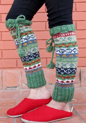 Hand Knitted Green Multicolor Winter Leg Warmers with Knitted Lace