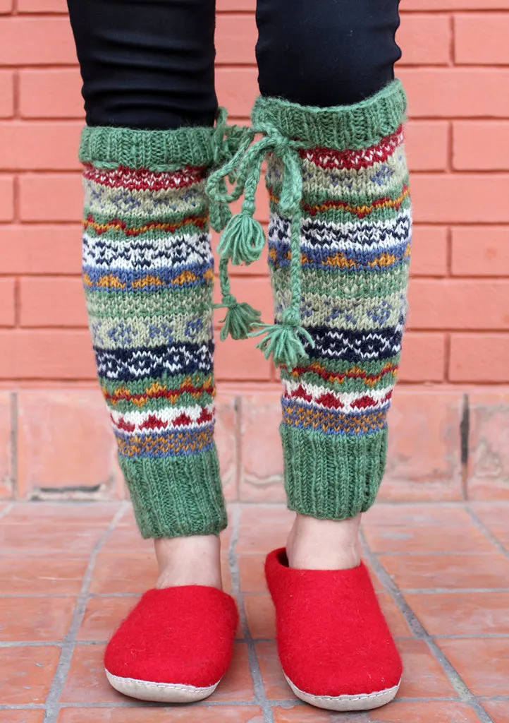 Hand Knitted Green Multicolor Winter Leg Warmers with Knitted Lace