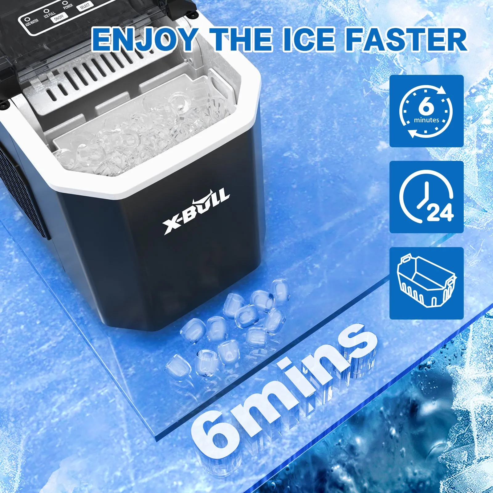 High-Capacity Portable Ice Maker, 12kg/24Hr, 2 Sizes, X-BULL