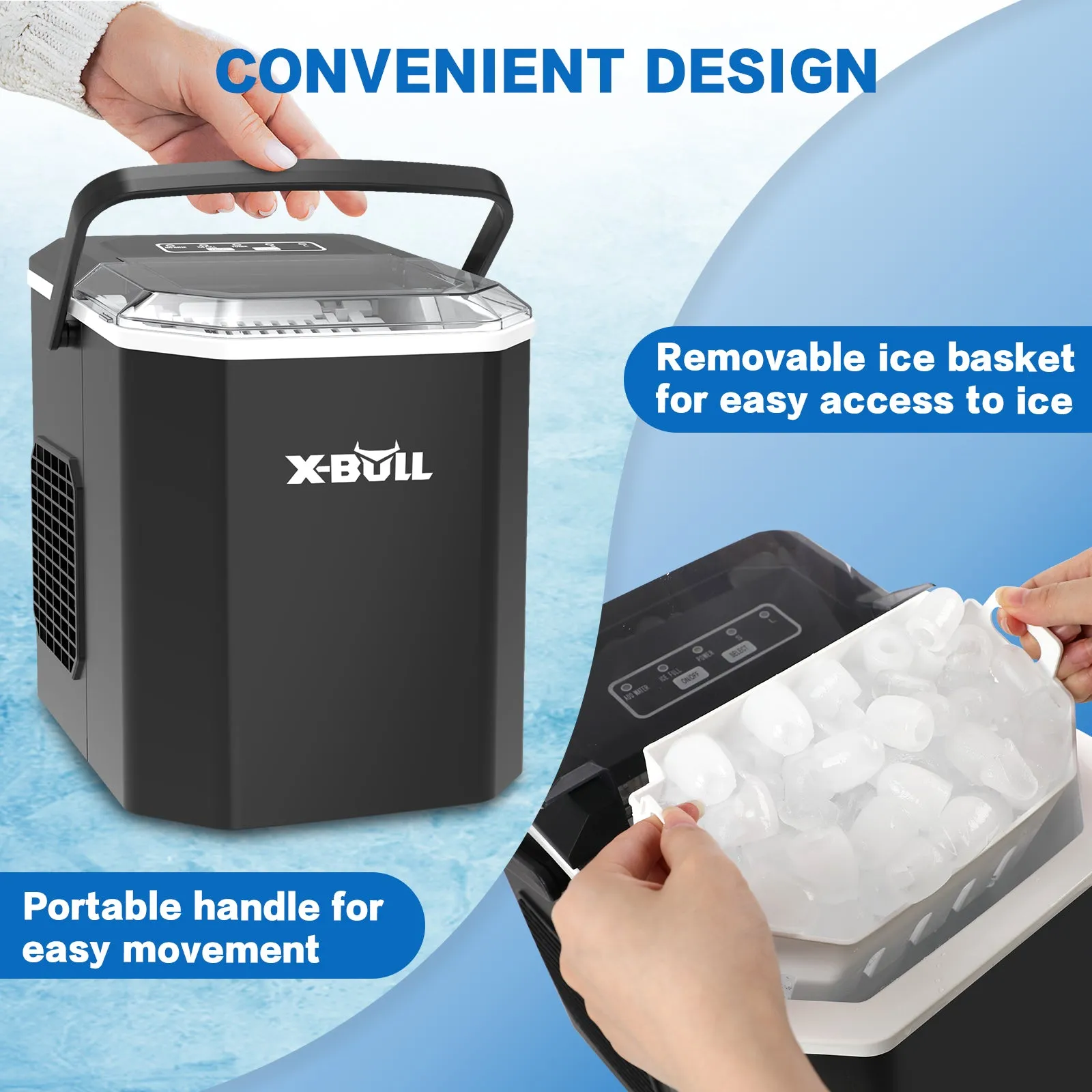 High-Capacity Portable Ice Maker, 12kg/24Hr, 2 Sizes, X-BULL