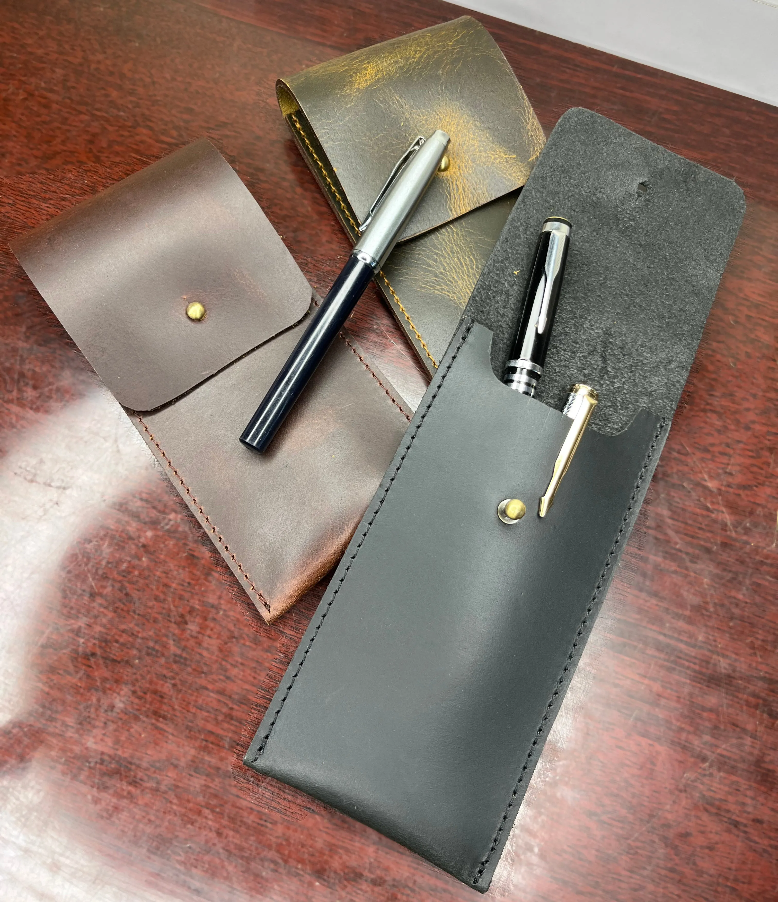 Leather Pen Case - Handmade Pen Protective Sleeve Cover (Black)