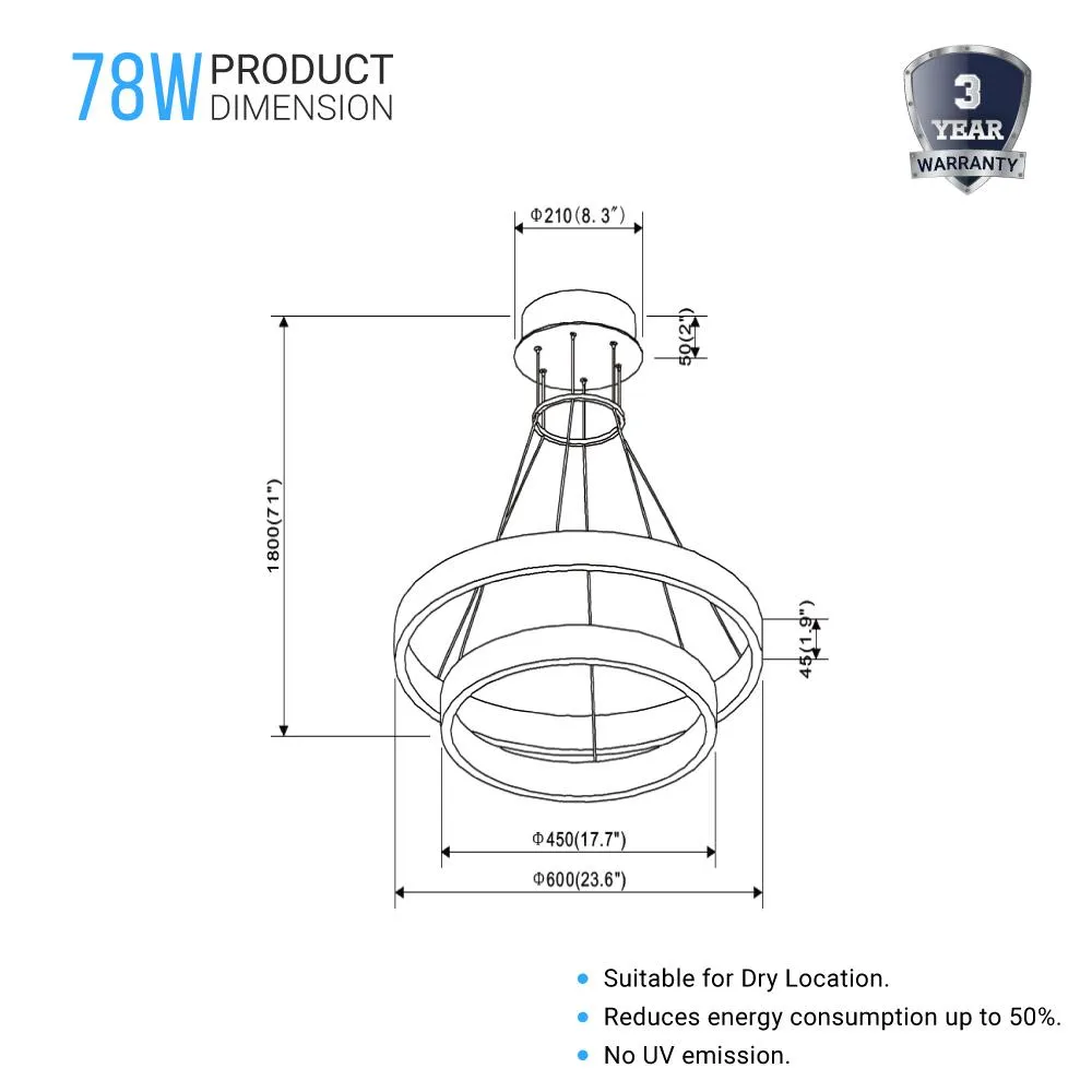 LED Pendant Light Fixture, Round, Dimmable, 3000K (Warm White) (P3192-64)