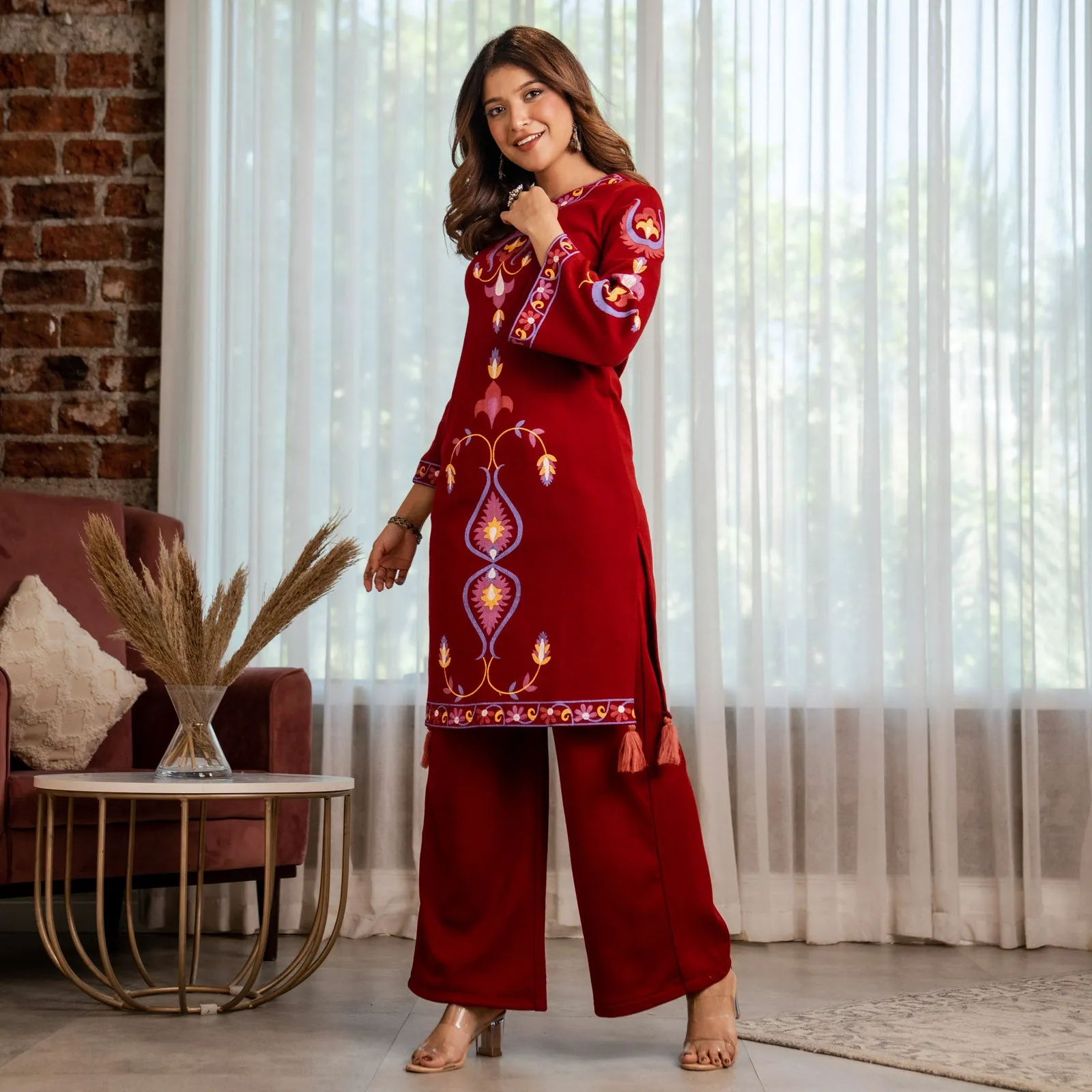 Maroon Acrylic Straight Printed Kurta with Tassel Detailing