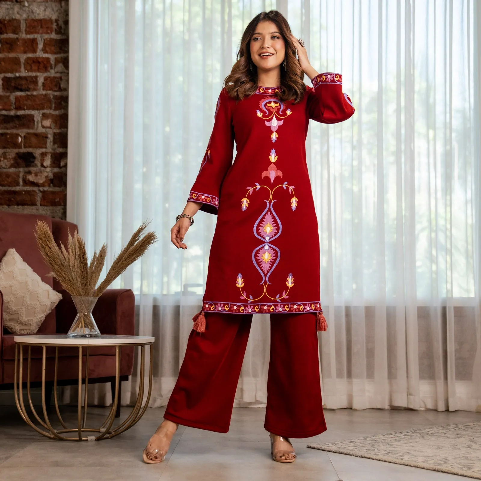 Maroon Acrylic Straight Printed Kurta with Tassel Detailing