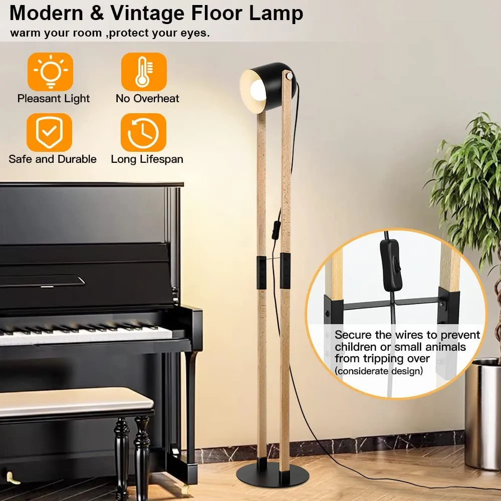 Modern Metal Wooden Floor Lamps For Living Room, 360° Heads Rotatable Standing Light With Pressure Switch