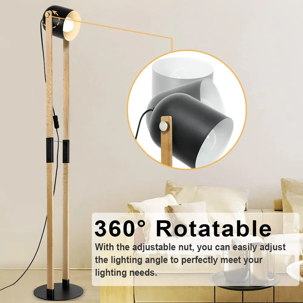 Modern Metal Wooden Floor Lamps For Living Room, 360° Heads Rotatable Standing Light With Pressure Switch