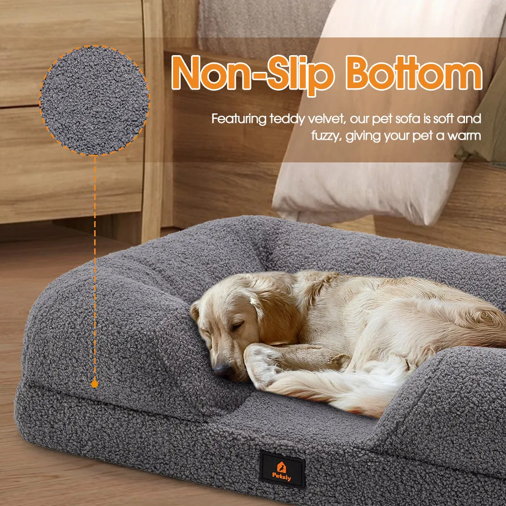 Petzly Memory Foam Dog Bed Pet Sofa Calming Bed Washable Removable Grey Large