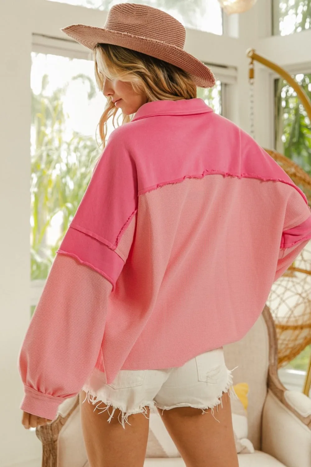 Pink Long Sleeve Knit Mixed Thermal Sweatshirt