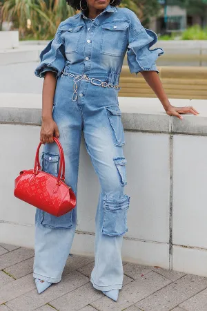 Stylish Flap Pocket Button Bleach Wash Jumpsuit