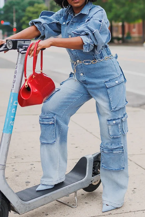 Stylish Flap Pocket Button Bleach Wash Jumpsuit