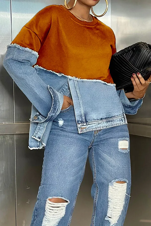 Stylish Irregular Hem Denim Patch Sweatshirt