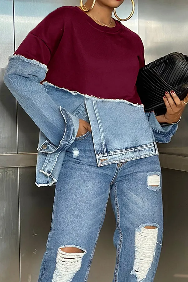 Stylish Irregular Hem Denim Patch Sweatshirt