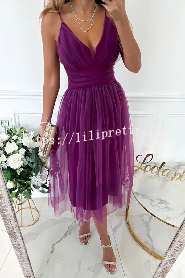 Stylish Luxury Tulle Ruched Waist Pleated Slip Formal Midi Dress