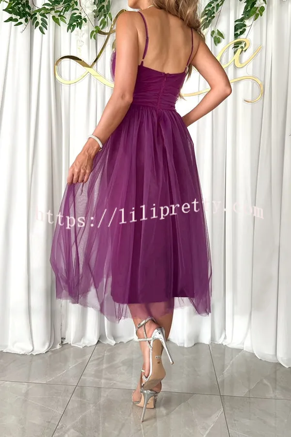 Stylish Luxury Tulle Ruched Waist Pleated Slip Formal Midi Dress