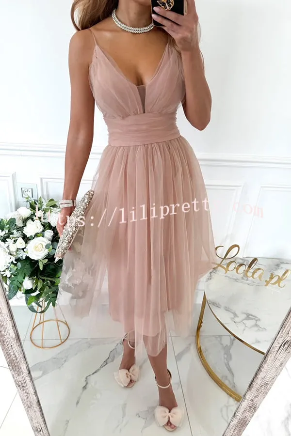 Stylish Luxury Tulle Ruched Waist Pleated Slip Formal Midi Dress