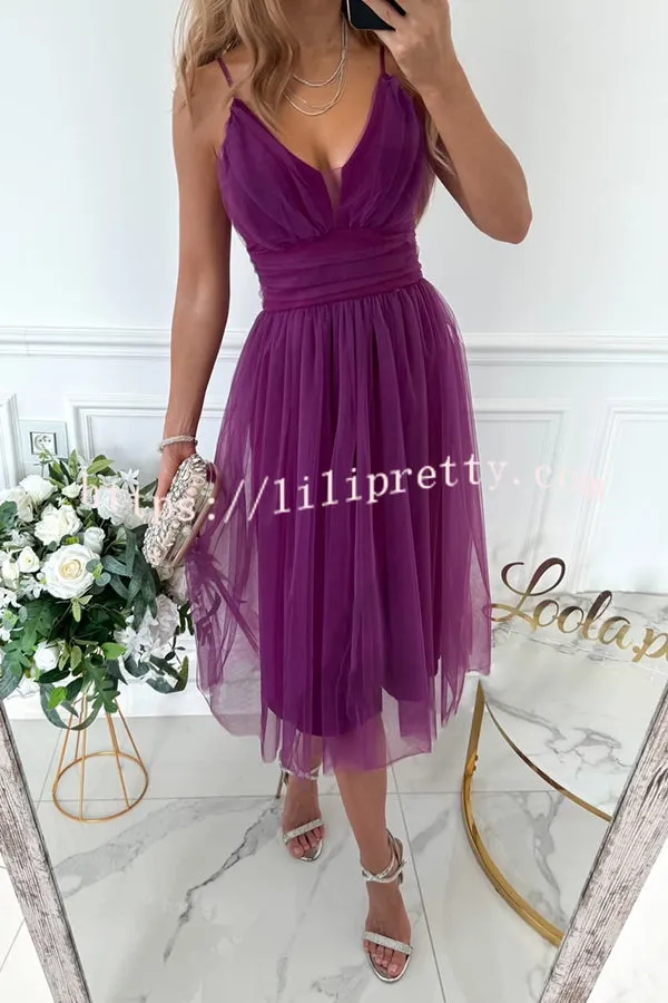 Stylish Luxury Tulle Ruched Waist Pleated Slip Formal Midi Dress