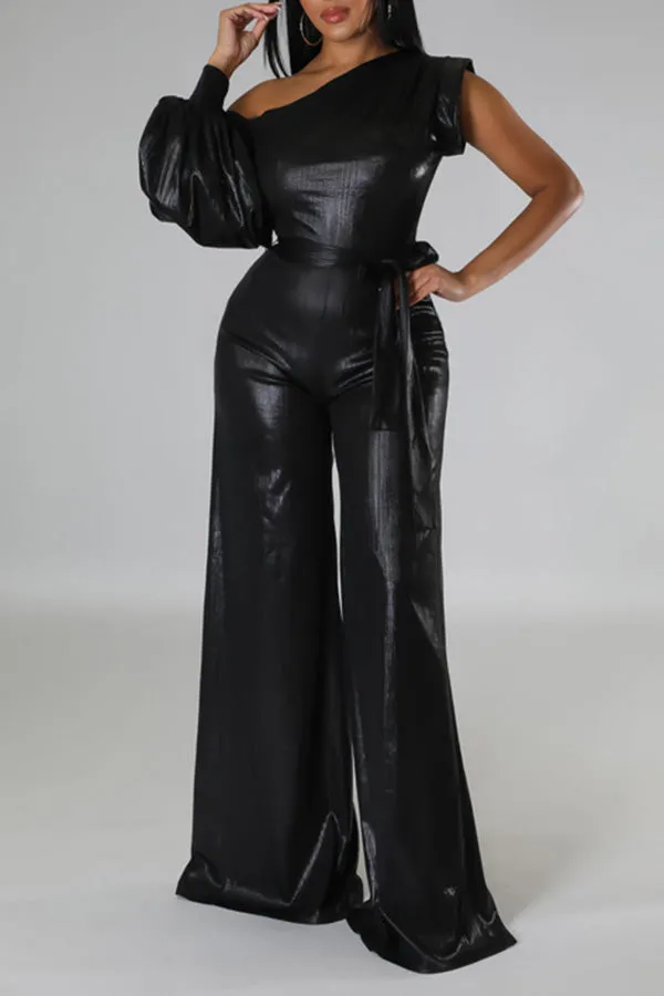 Stylish Oblique Shoulder Lantern Sleeve Jumpsuit