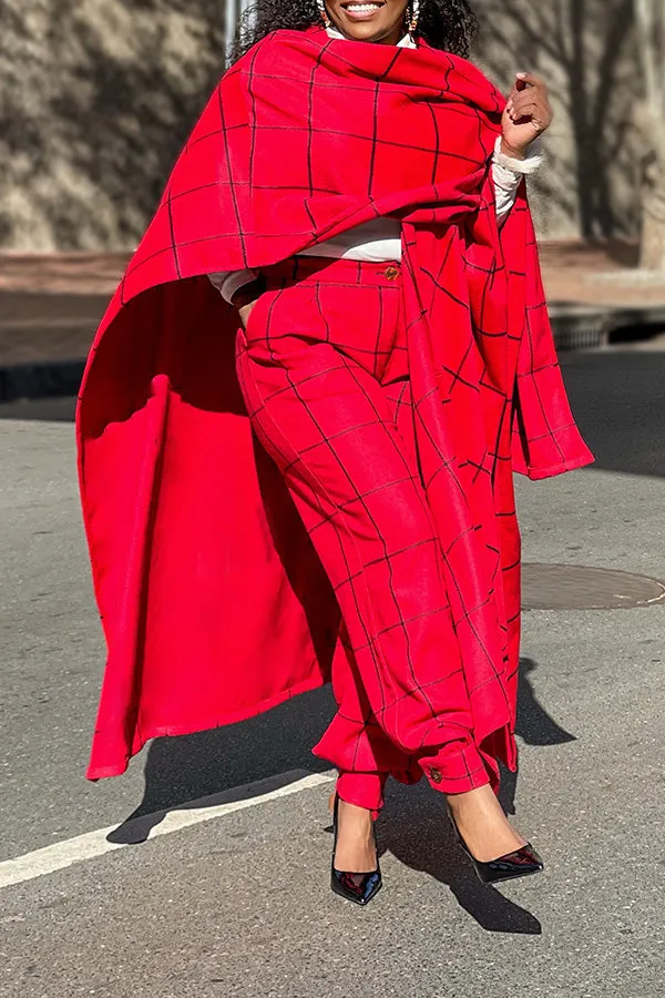 Stylish Plaid Poncho & High-waist Pants Set