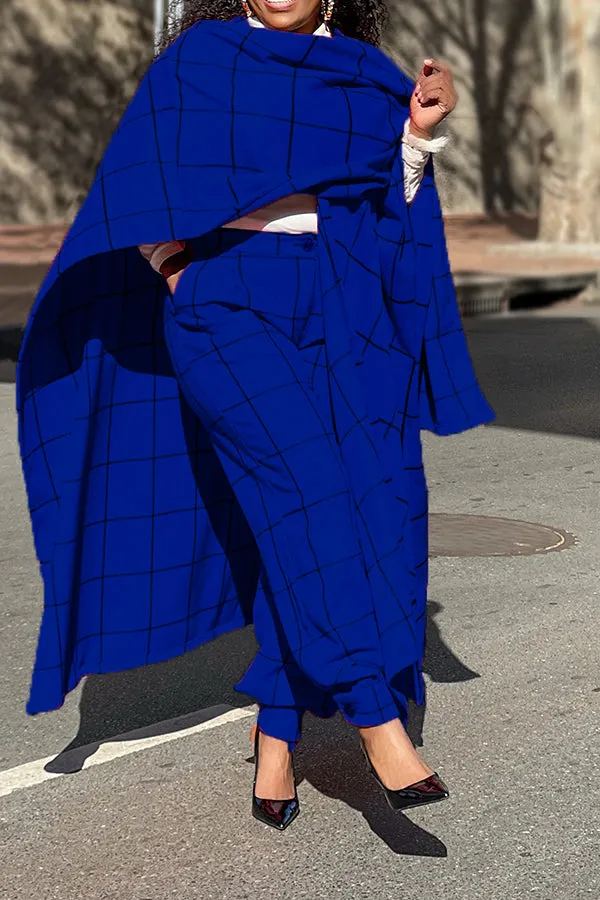 Stylish Plaid Poncho & High-waist Pants Set