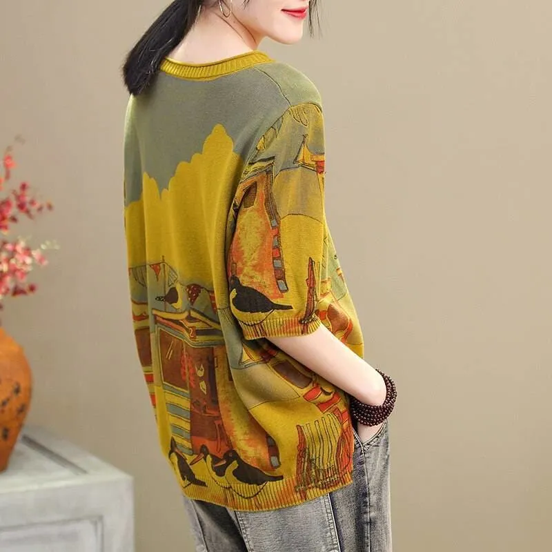 Women Cartoon Printed Round Neck Half Sleeve Loose T-shirt