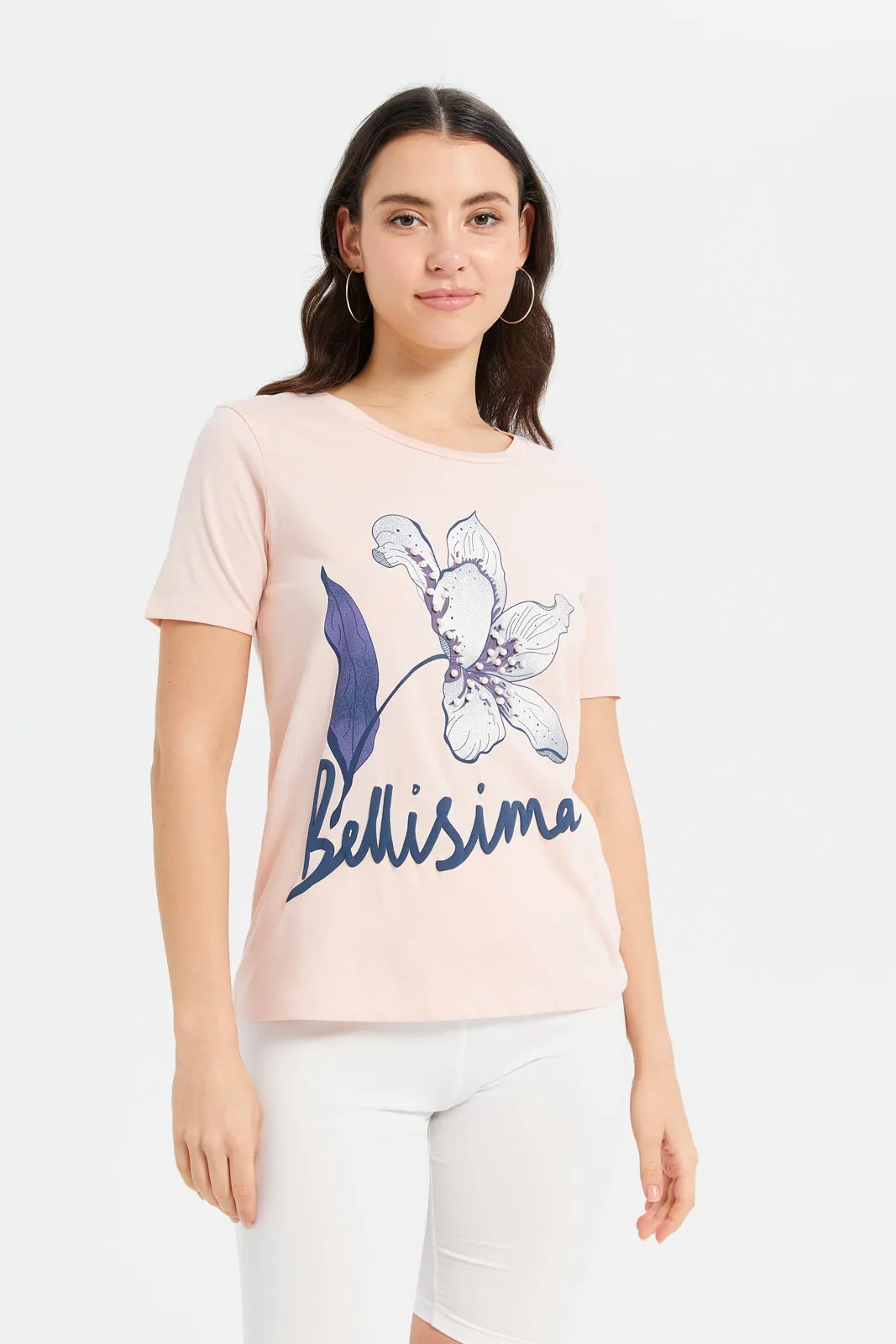 Women Pink Printed Embellished T-Shirt